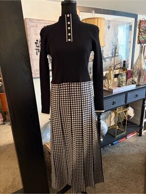 Black & White Gingham Maxi Dress with Buttoned Mock Neck